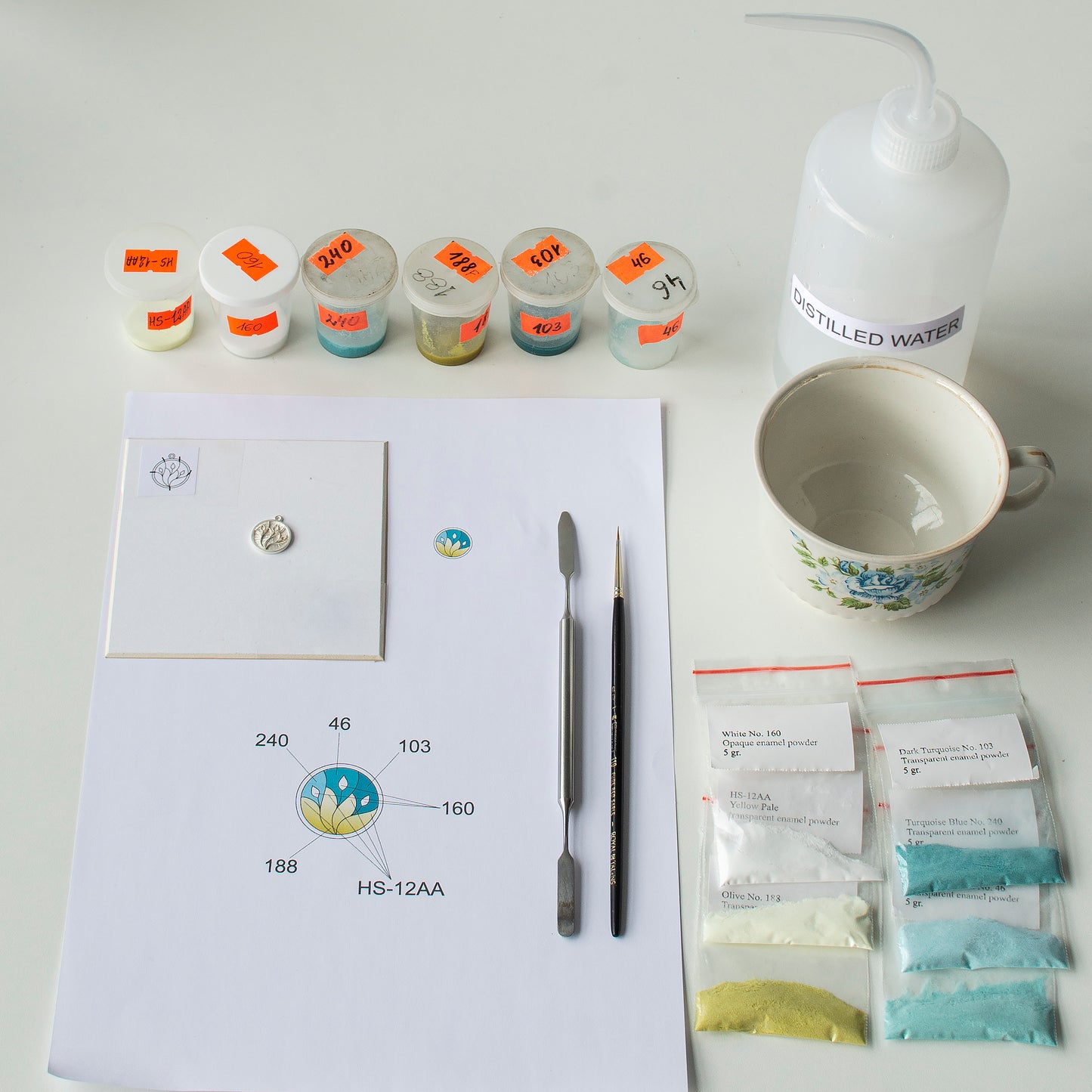 Enamelling Kit For Making Round Turquoise/Yellow Silver Pendant, DIY Cloisonne Enamel Work, Tools And Materials for Making Handmade Jewelry