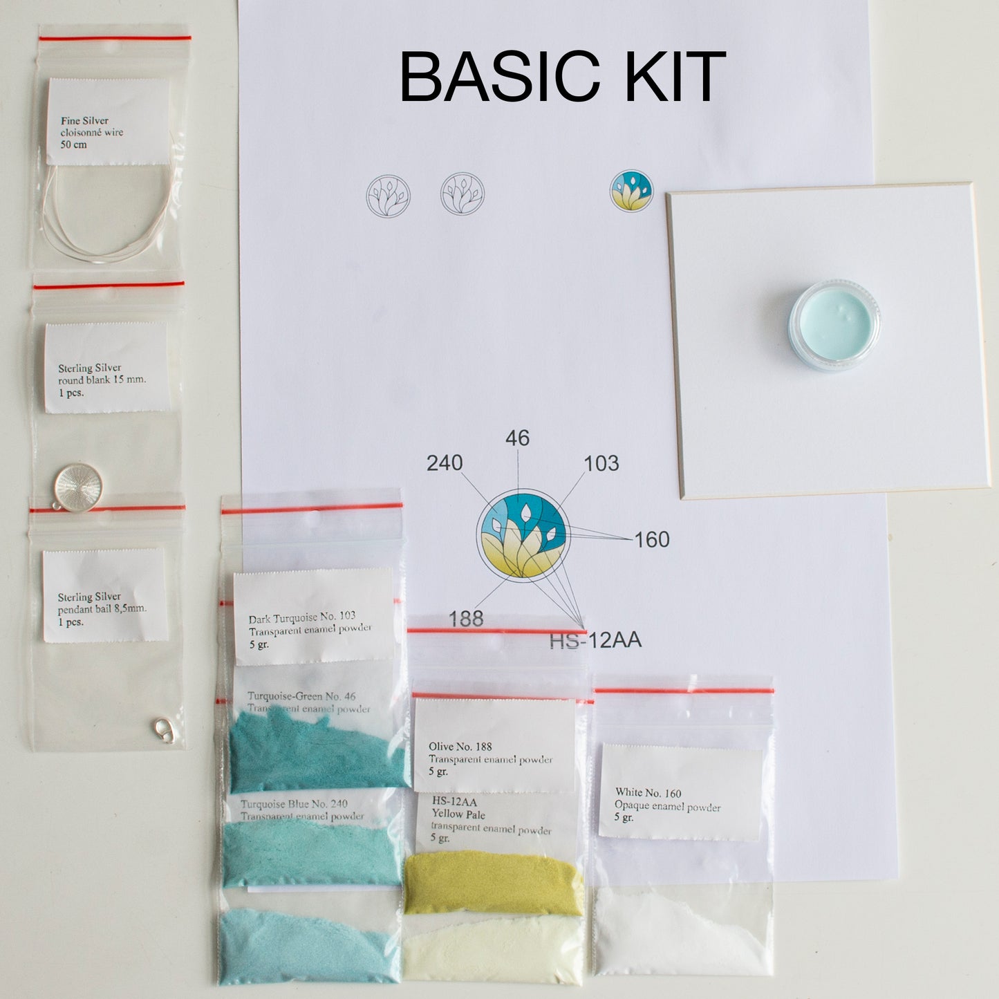 Enamelling Kit For Making Round Turquoise/Yellow Silver Pendant, DIY Cloisonne Enamel Work, Tools And Materials for Making Handmade Jewelry